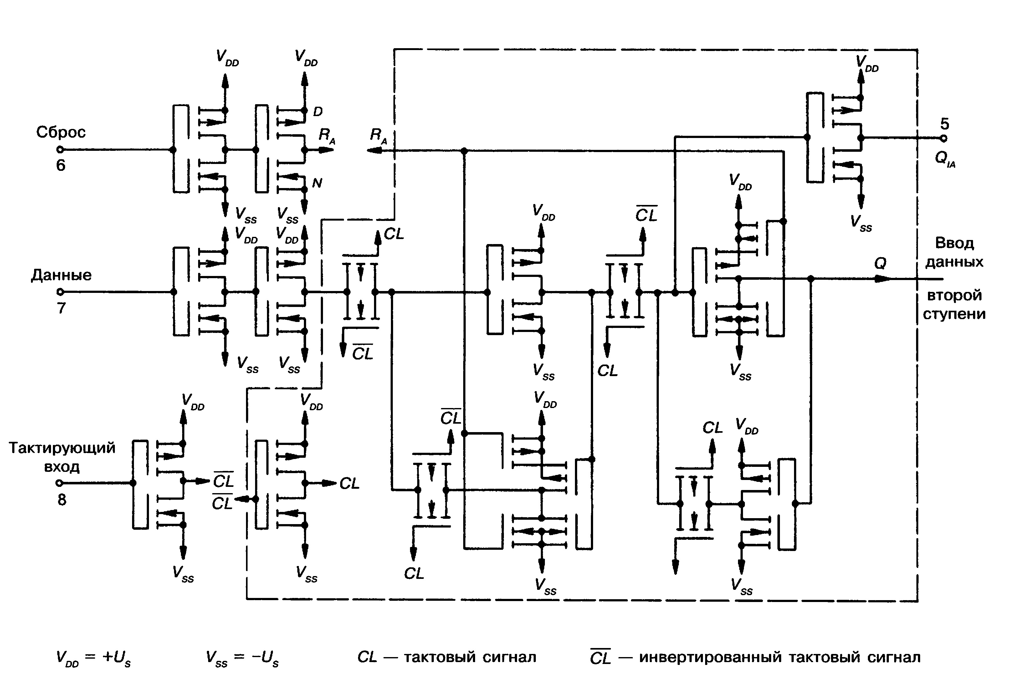 Схема КМОП-4-битного сдвигового регистра CD 4015 A (RCA)
