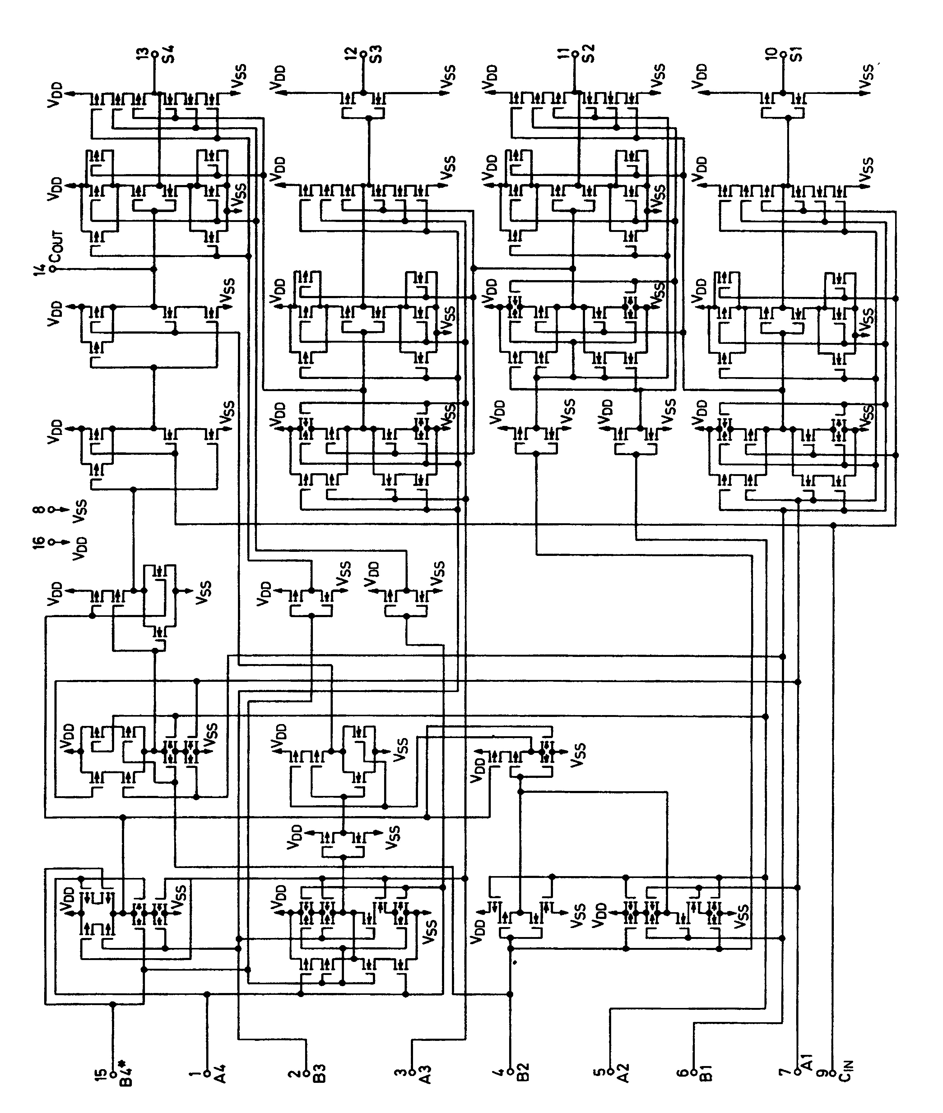 Схема КМОП-4-битного полного сумматора CD 4008 A (RCA)